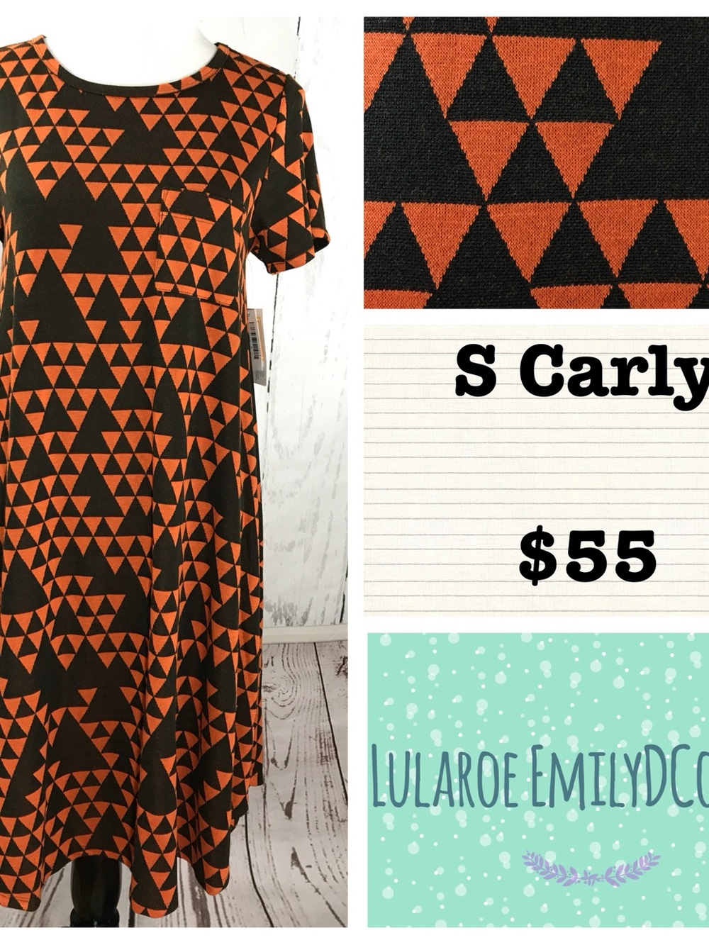 LuLaRoe Carly Midi Dress in Black and Orange Triangle Print